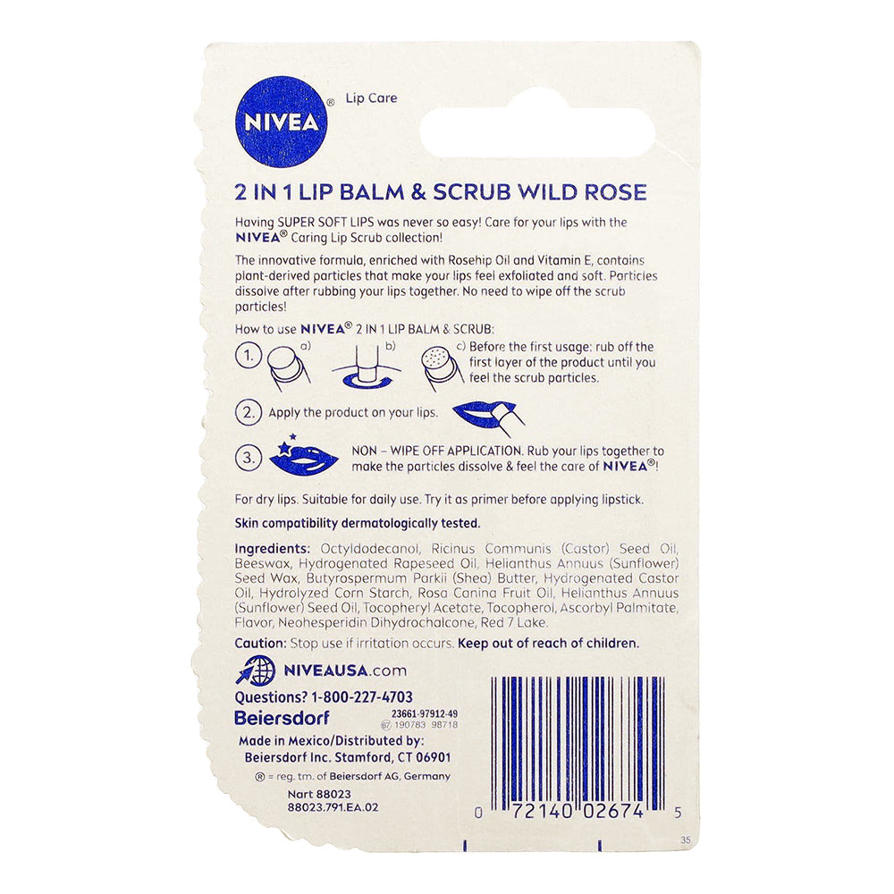 Nivea Lip 2 In 1 Lip Balm and Scrub with Wild Rose and Vitamin E 0.17Oz (4.8g)