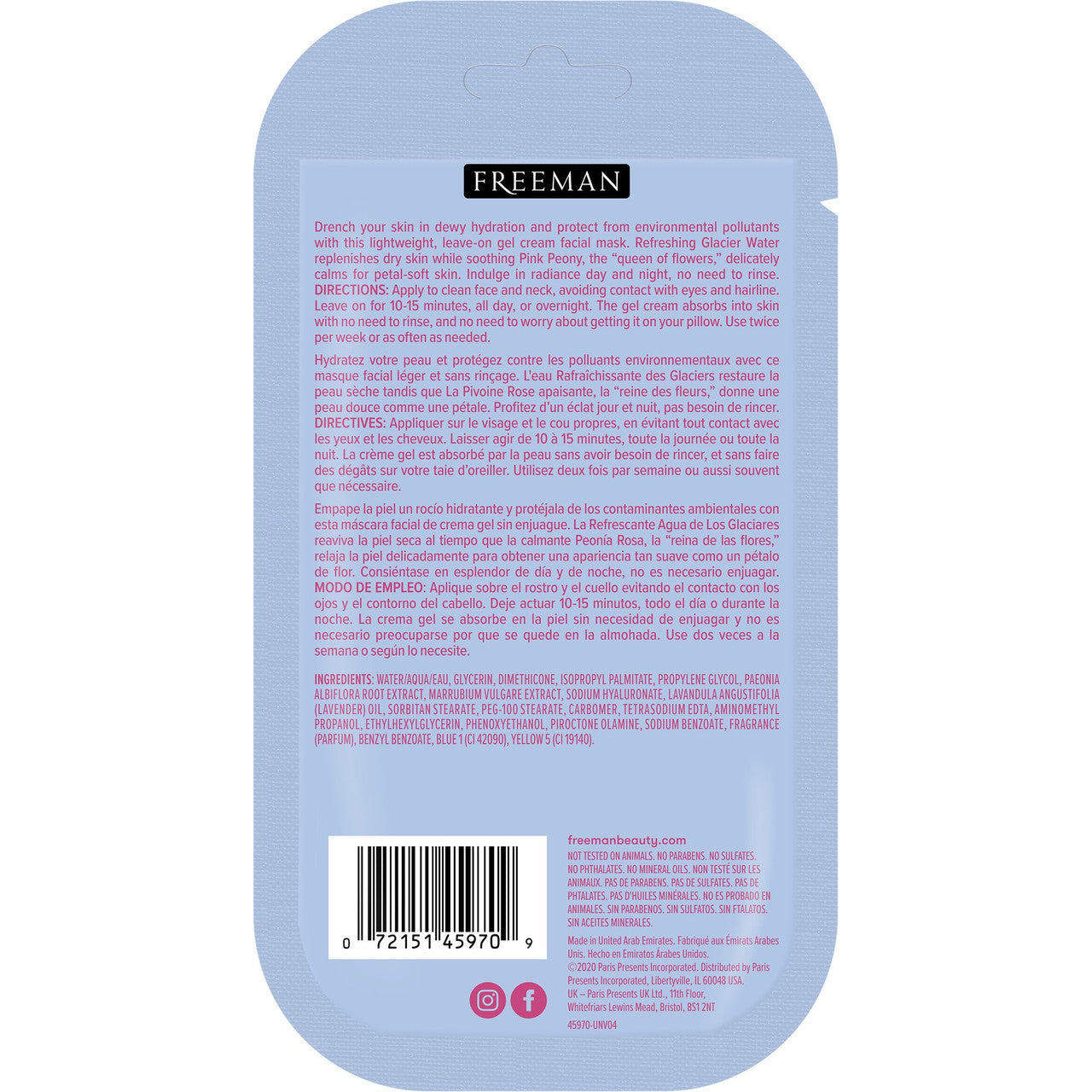 Freeman Hydrating Glacier Water And Pink Peony Gel Cream Mask Sachet, 0.5 Oz