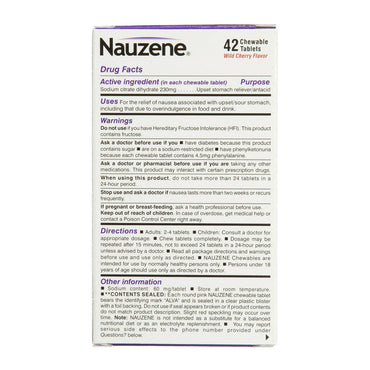 Nauzene For Upset Stomach And Nausea Relief Chewable Tablets, Wild Cherry Flavor, 42 Ea