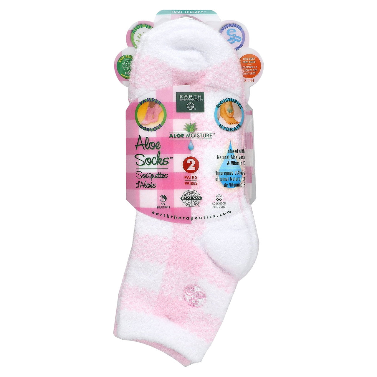 Earth Therapeutics Aloe Infused Moisturizing Socks Pink Plaid, 2 Pair