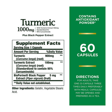 Natures Bounty Turmeric Capsule, 1000mg Herbal Health Supplement, 60 Ea