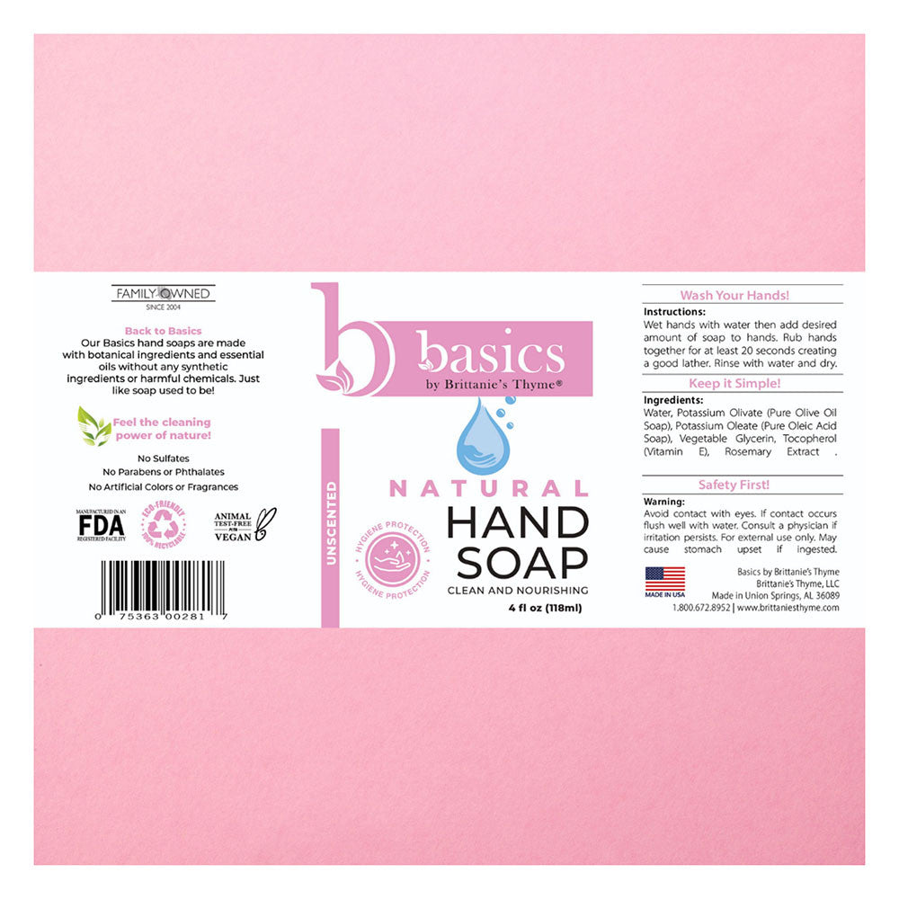 Brittanies Thyme Basics Unscented Natural Hand Soap, 12 Oz