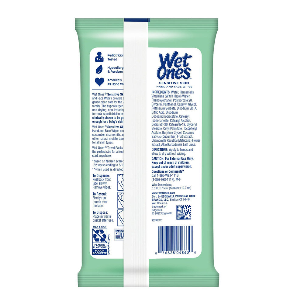 Wet Ones Sensitive Skin Hand and Face Wipes Travel Pack, Fragrance Free, 20 Ea