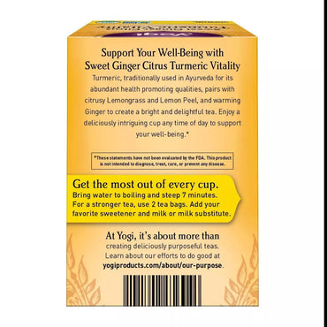 Yogi Sweet Ginger Citrus Turmeric Vitality Tea Bags, Caffeine Free, 16 Ea