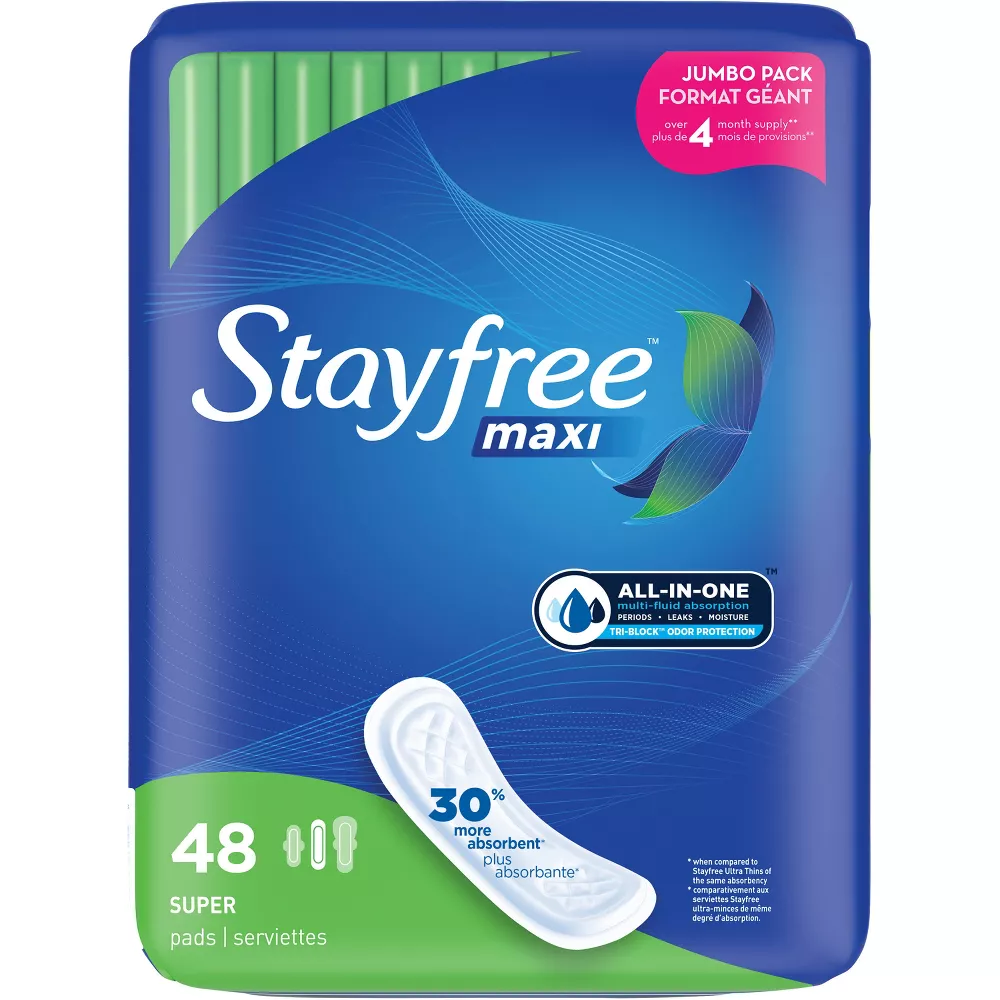 Stayfree Maxi Pads Super Feminine Pads, No Wings, Jumbo Pack, 48 Ea