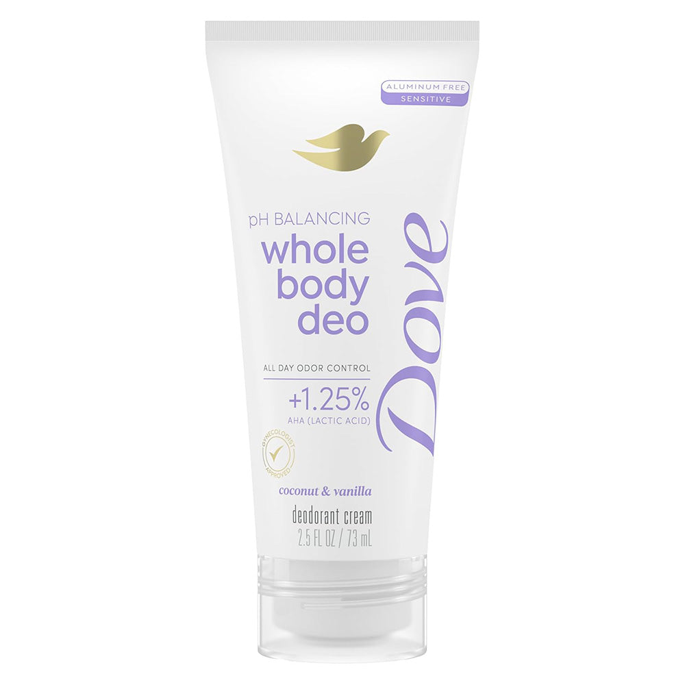 Dove Whole Body Deo pH Balancing Deodorant Cream with Coconut and Vanilla Aluminum Free All Day Odor Protection 2.5Oz (73ml)