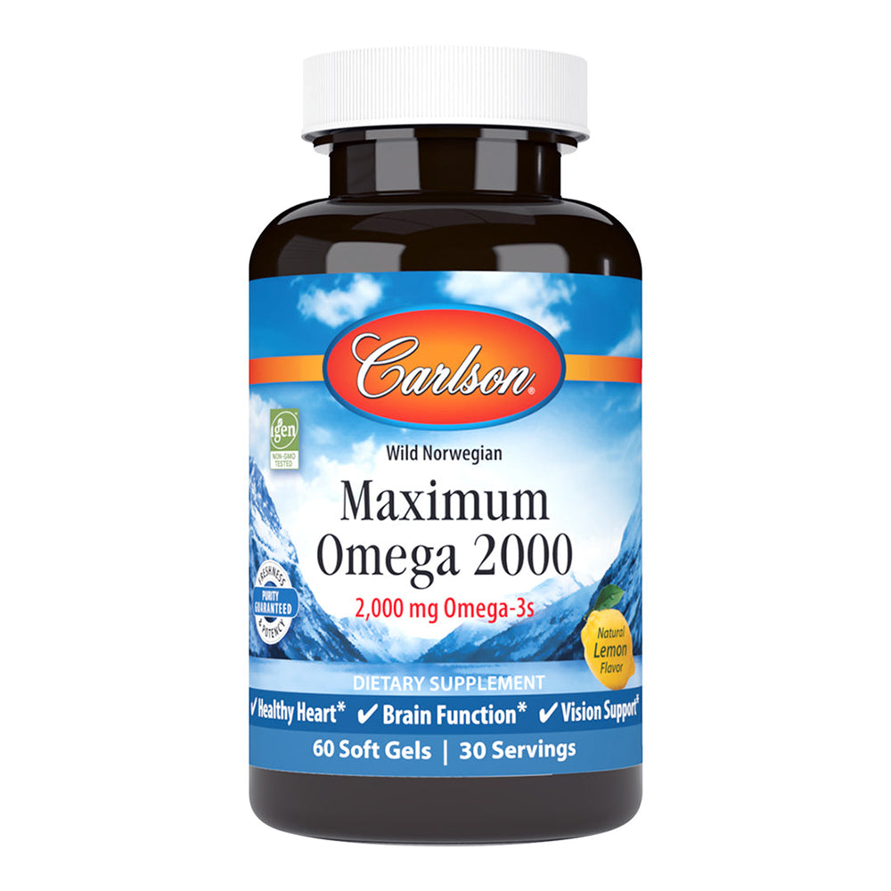 Carlson Maximum Omega 2000 mg Omega 3s Softgels for Heart Brain and Vision Health Support Natural Lemon Flavor 60Ea