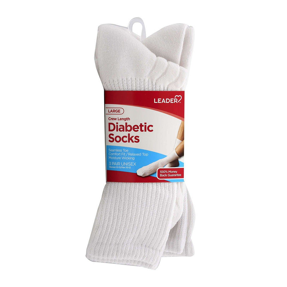 Leader Diabetic Socks Crew White Large, Hosiery Supports, 3 Pr