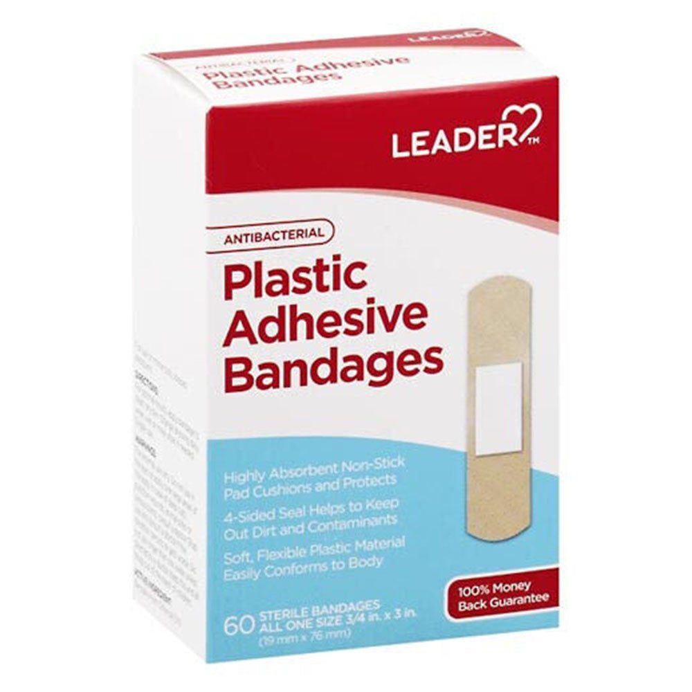 Leader Antibacterial Bandages, Plastic, All One Size, 60 Ea