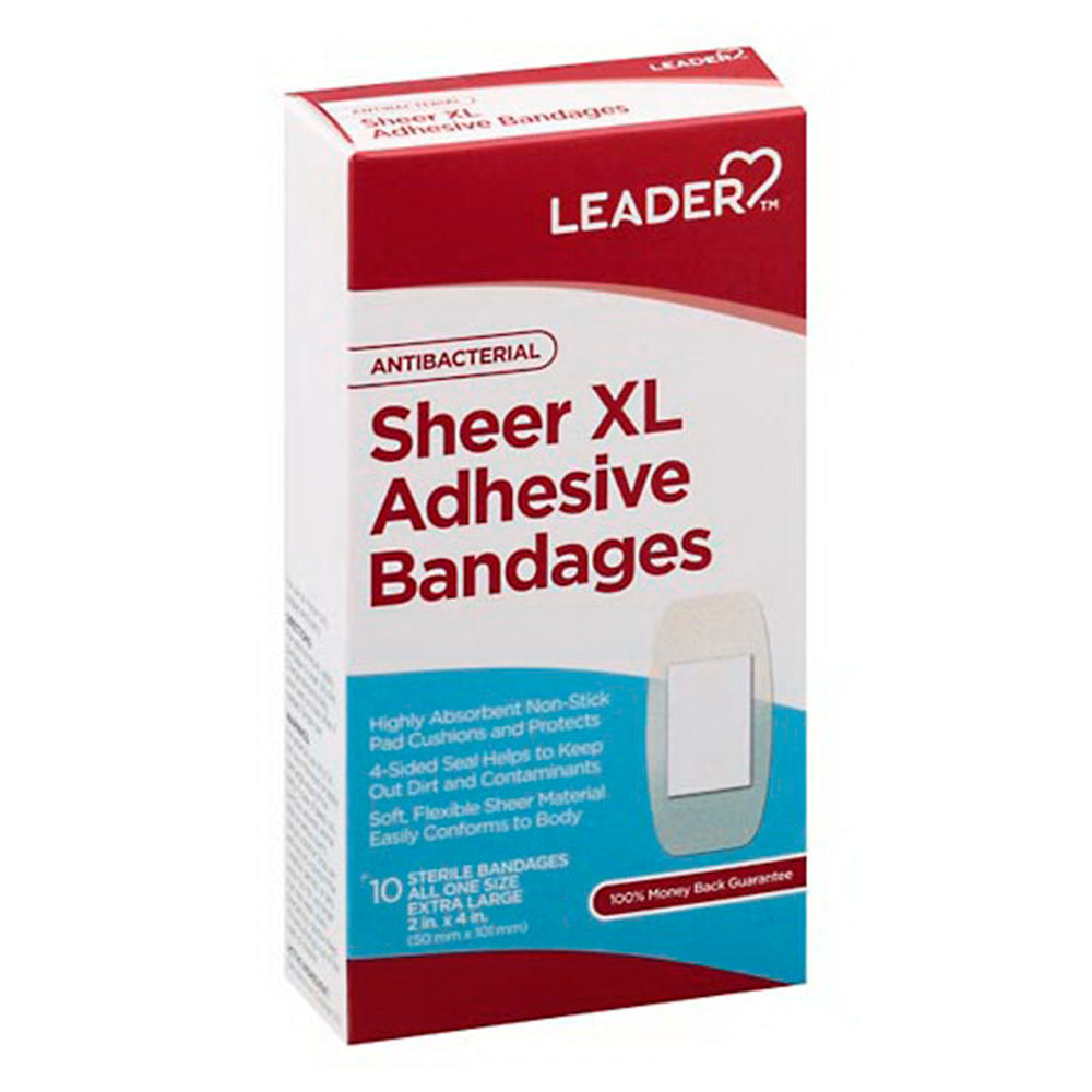 Leader Antibacterial Adhesive Bandages, All One Size, Sheer Extra Large, 10 Ea