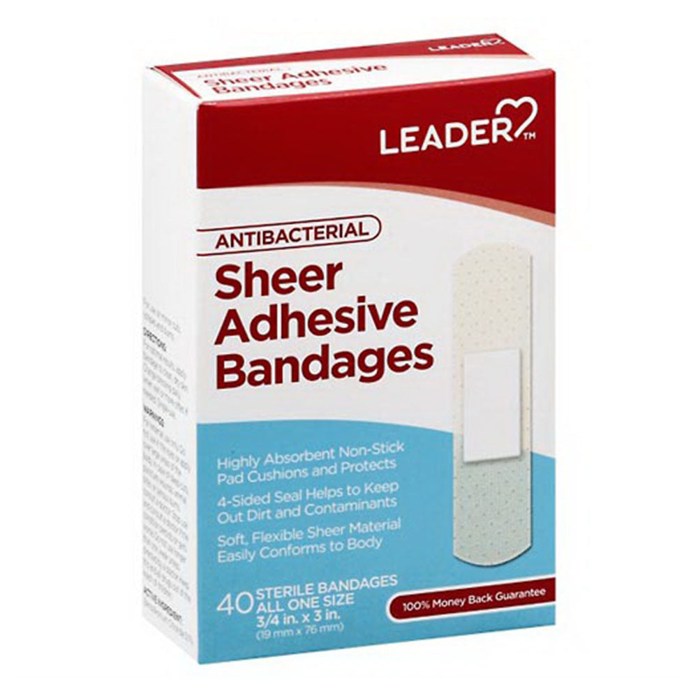Leader Antibacterial Adhesive Bandages, Sheer, All One Size, 40 Ea