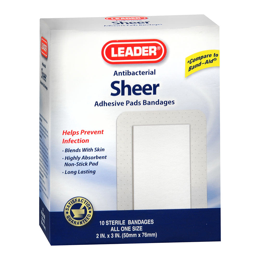 Leader Adhesive Bandage Pads, Sheer, Antibacterial, All One Size, 10 Ea
