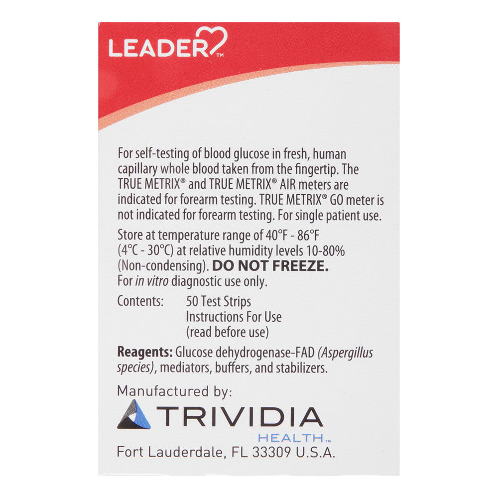 Leader True Metrix Self Monitoring Blood Glucose Test Strips, 50 Ea