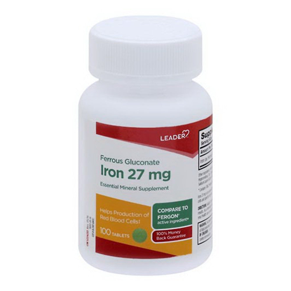 Leader Ferrous Gluconate, Iron 27 Mg Tablets, 100 Ea