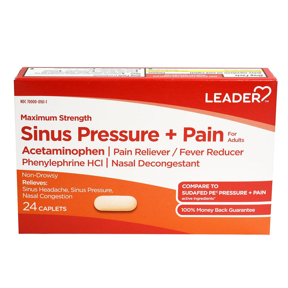 Leader Maximum Strength Sinus Pressure Pain Allergies or Cold Caplets, 24 Ea