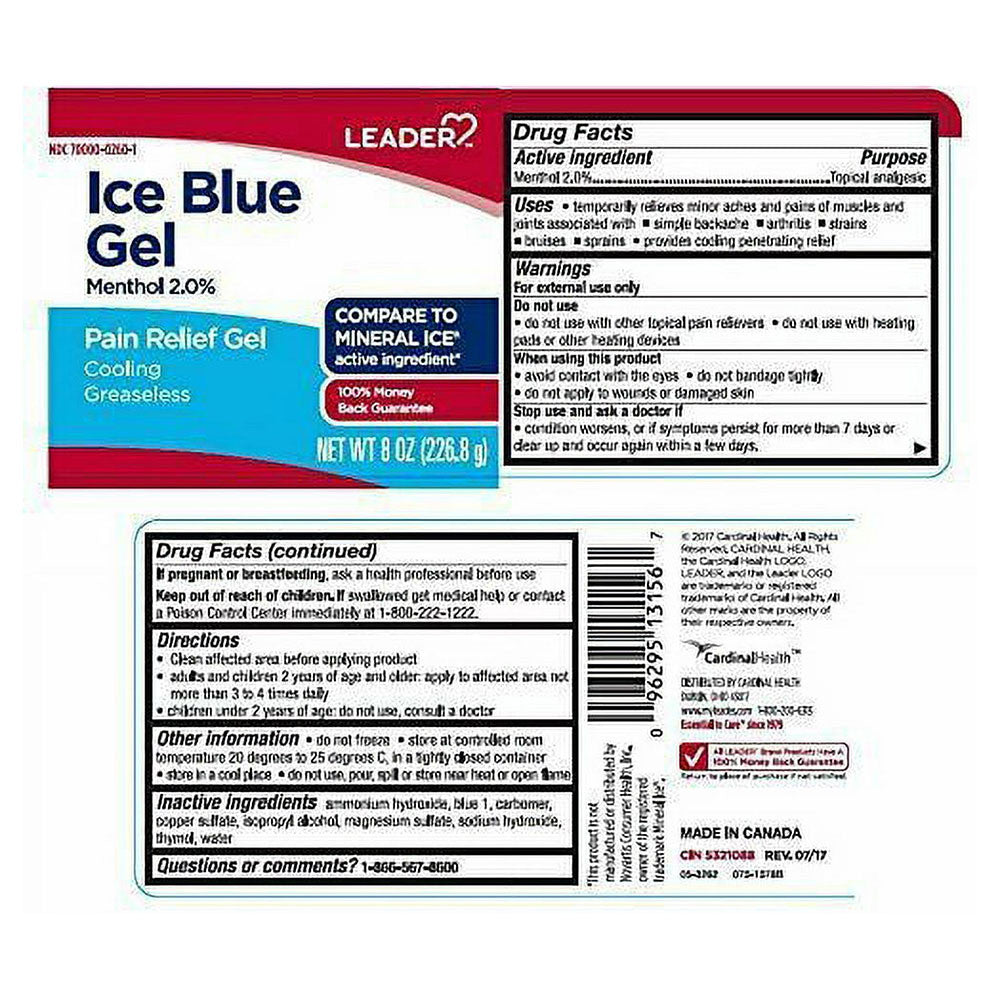 Leader Ice Blue Gel Cooling Pain Relief Gel, 8 Oz