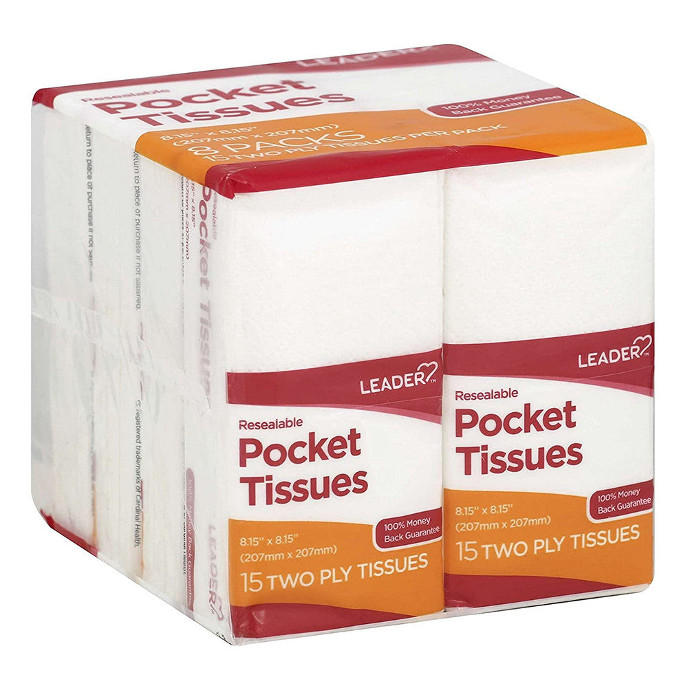Leader Resealable Pocket Two Ply Soft Facial Tissues, 15 Ea, 8 Pack