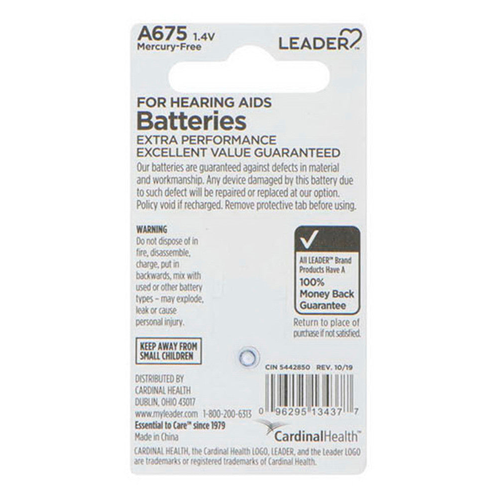 Leader Hearing Aid Batteries A675, 1.4 Volts, 6 Ea
