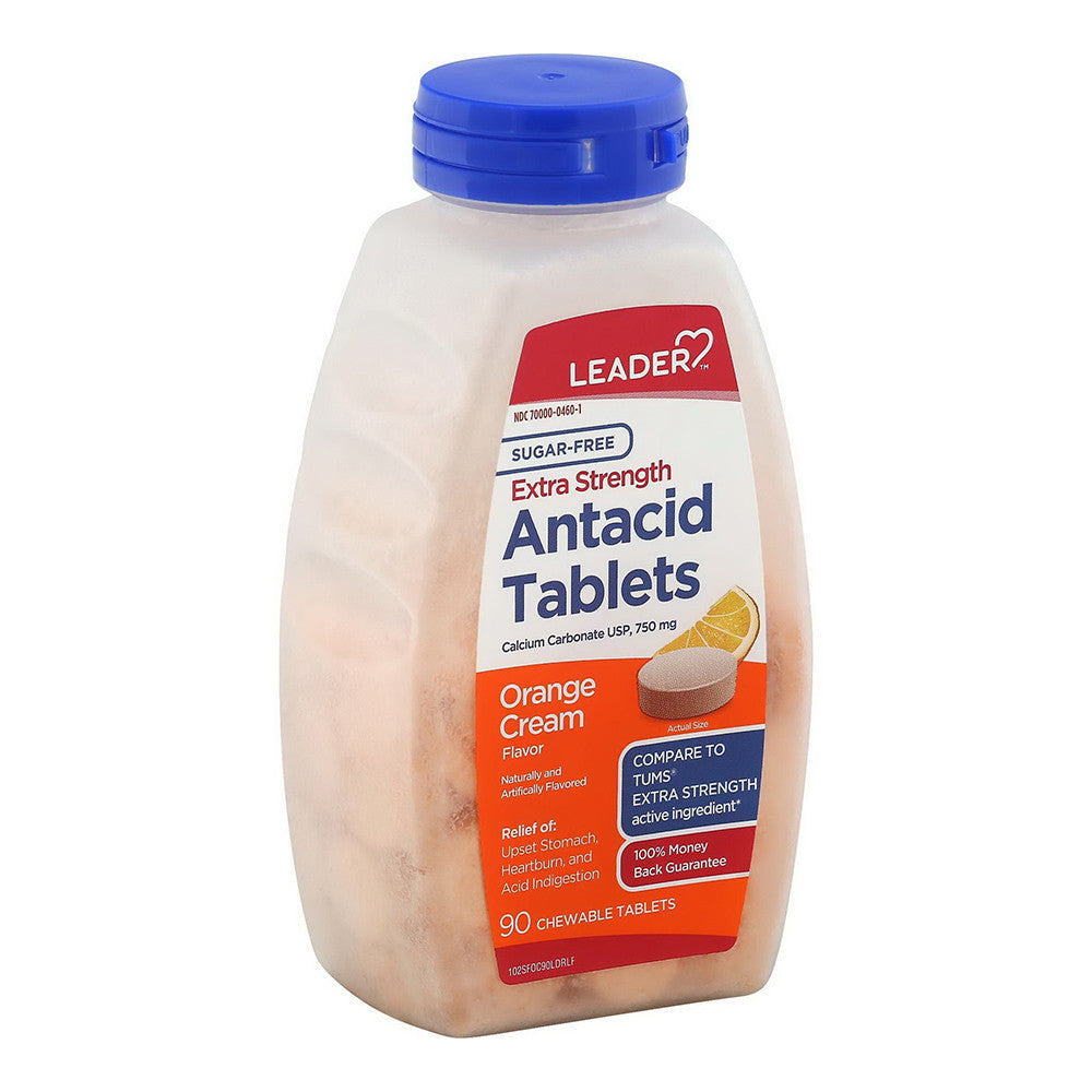 Leader Antacid Extra Strength Orange Cream Sugar Free Chewable Tablets, 90 Ea