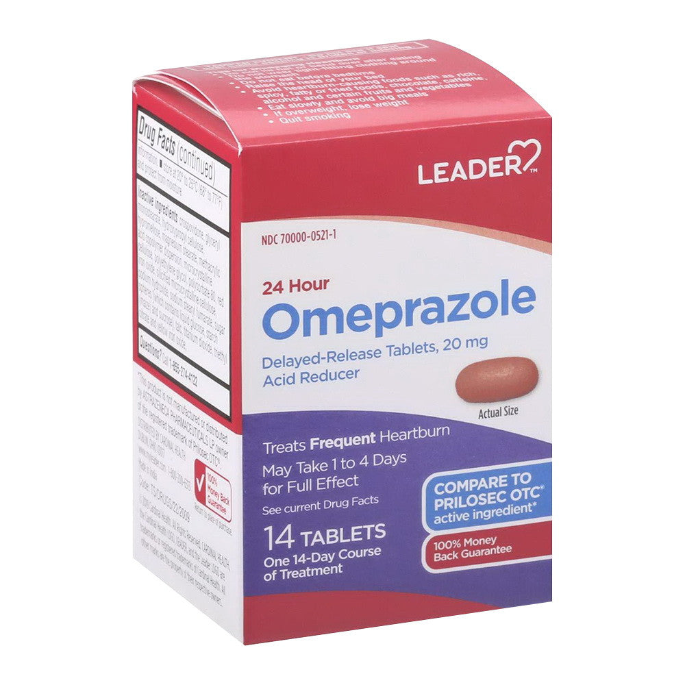 Leader 24 Hour Omeprazole, Delayed Release 20 Mg Tablets, Acid Reducer, 14 Ea