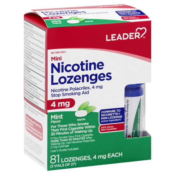 Leader Mini Nicotine Lozenges Polacrilex Stop Smoking Aid 4 Mg, Mint Flavor, 81 Ea