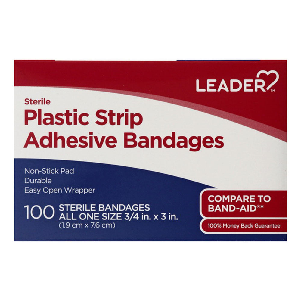Leader Bandages, Adhesive, Plastic Strip, Sterile, 100 Ea