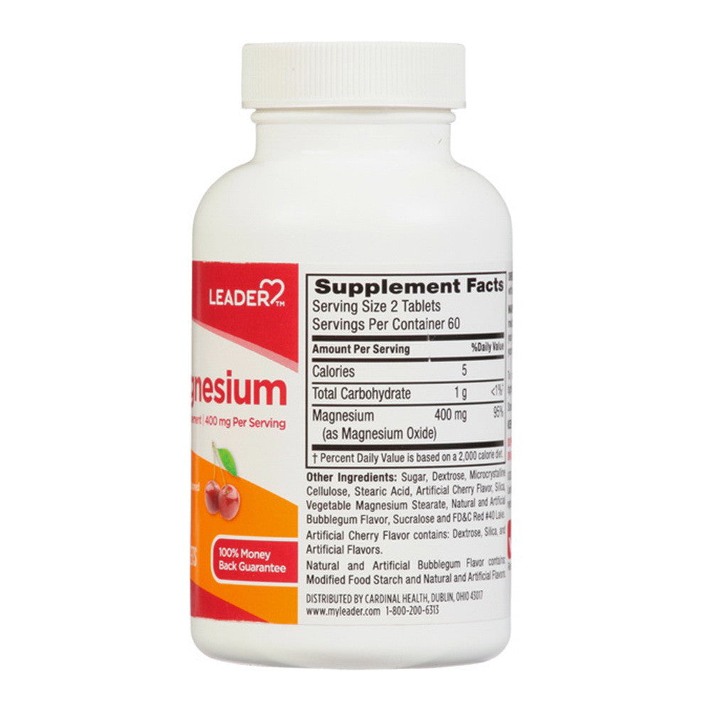 Leader Magnesium Dietary Supplement, 400 Mg Tablets, Cherry Flavor, 120 Ea