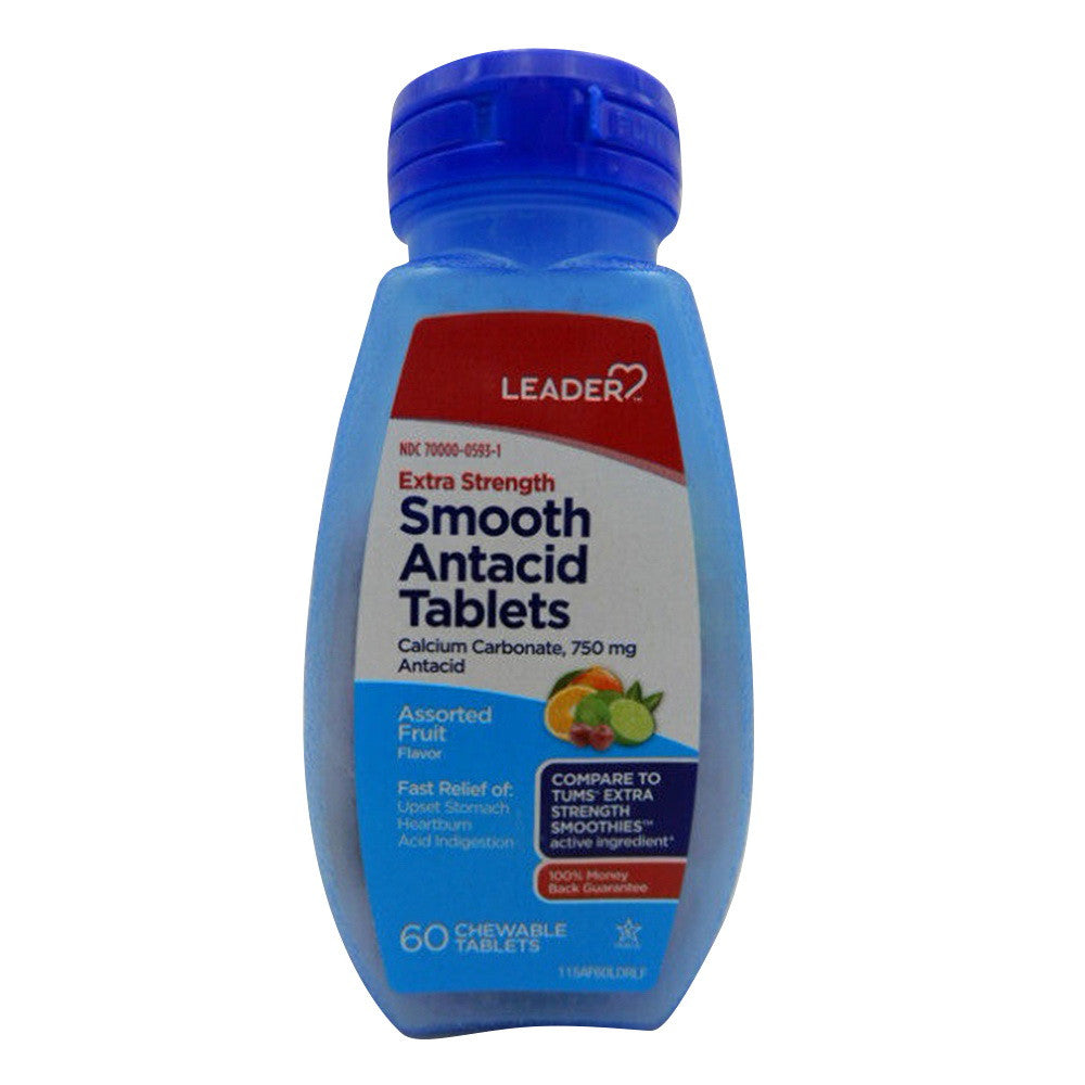 Leader Smooth Antacid Calcium Carbonate 750Mg, Fruit Chewable Tablets, 60 Ea