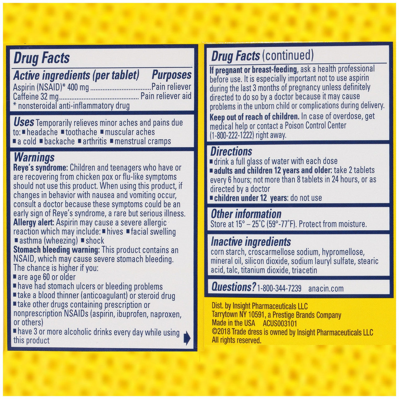 Anacin Aspirin & Caffeine Pain Reliever Tablets, 50 Count