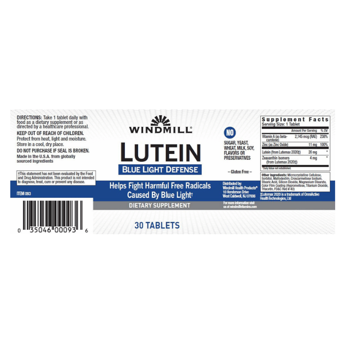 Windmill Lutein Blue Light Defense Tablets for Eye Health, 30 Ea