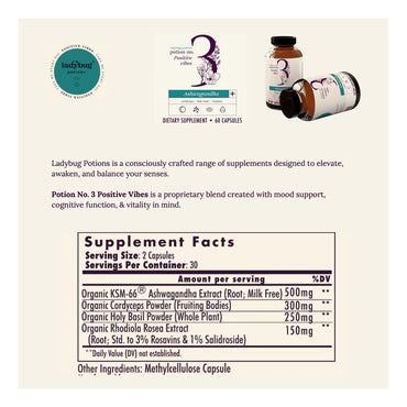 Ladybug Potion No3 Positive Vibes Ashwagandha Capsules, Mood Pills, 60 Ea