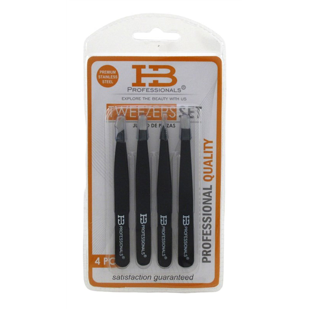 HB Professional Tweezers Matte Black Set 4 Pieces Premium Stainless Steel 1Ea