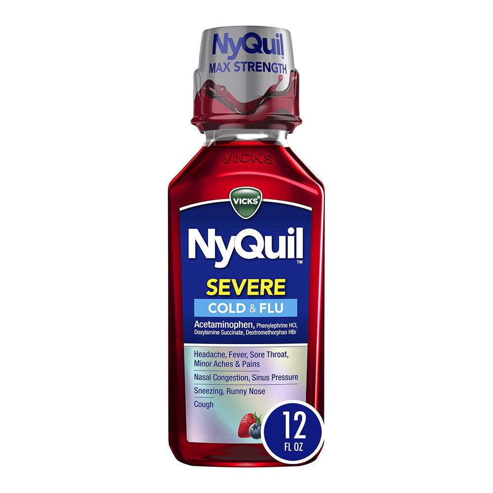 Vicks NyQuil Severe Maximum Strength Cough, Cold And Flu Nighttime Relief Liquid, Berry Flavor, 12 Oz