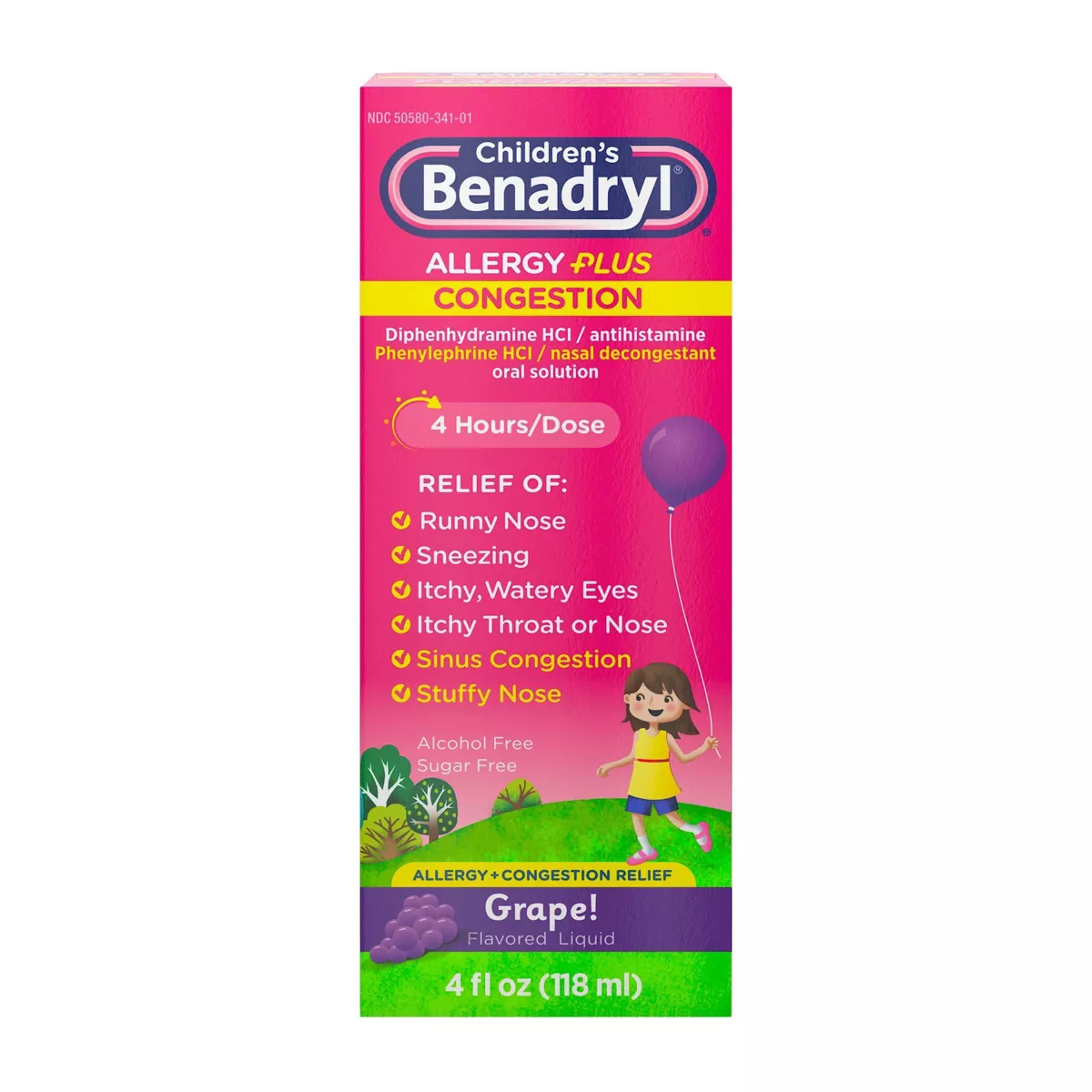 Childrens Benadryl-D Allergy And Sinus Liquid, Grape - 4 Oz