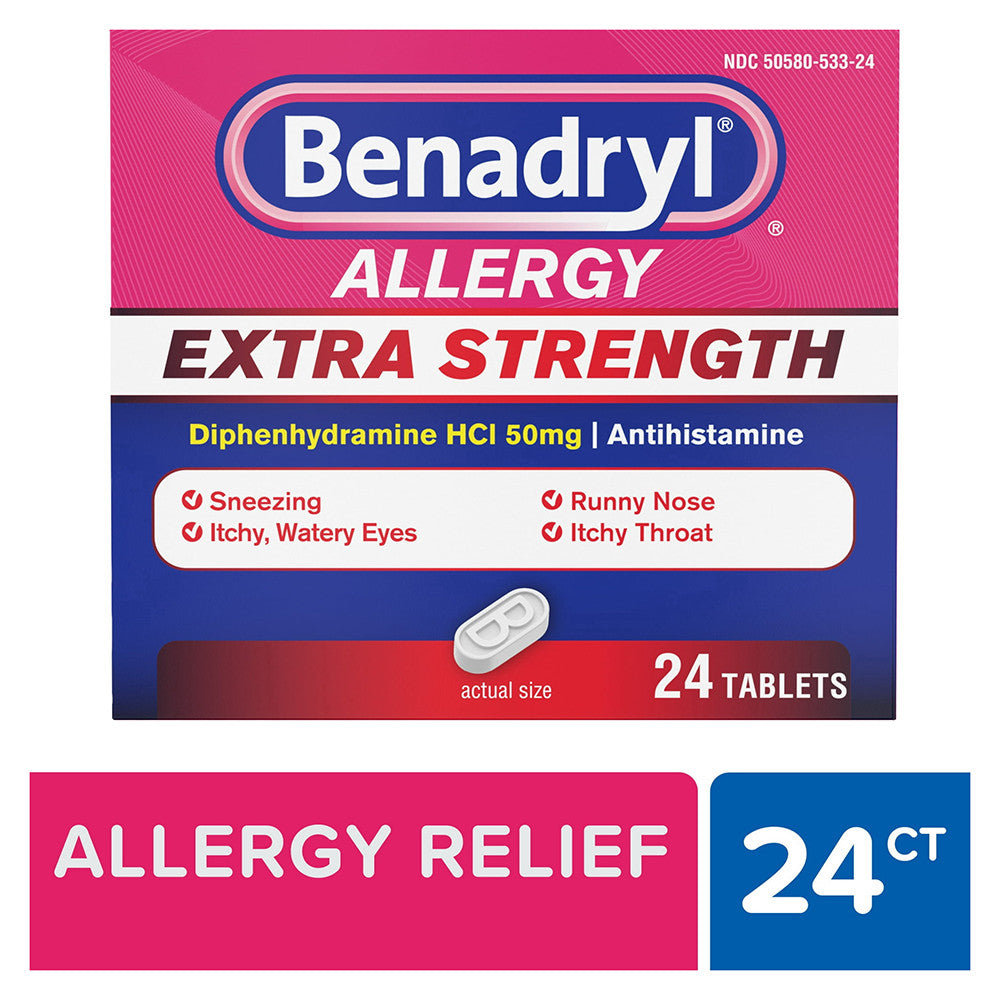 Benadryl Extra Strength Diphenhydramine Antihistamine Allergy Relief Tablets, 24 Ea