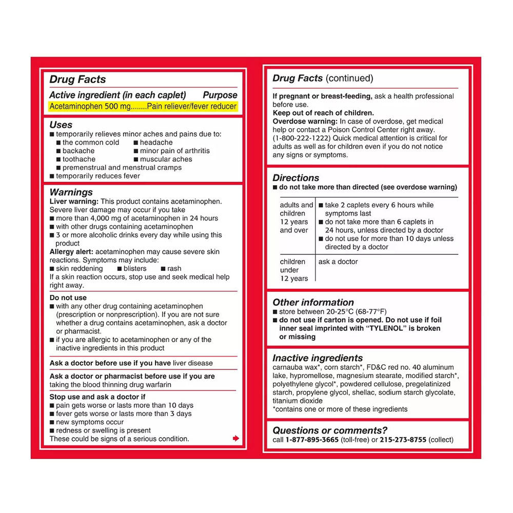 Tylenol Extra Strength Caplets For Adults, 100 Ea