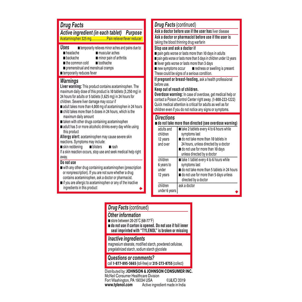 Tylenol Regular Strength Acetaminophen 325mg Tablets, Pain Reliever and Reduce Fever, 100 Ea