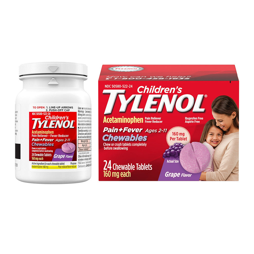 Tylenol Childrens Pain Plus Fever Chewable Tablets, Grape, 24 Ea
