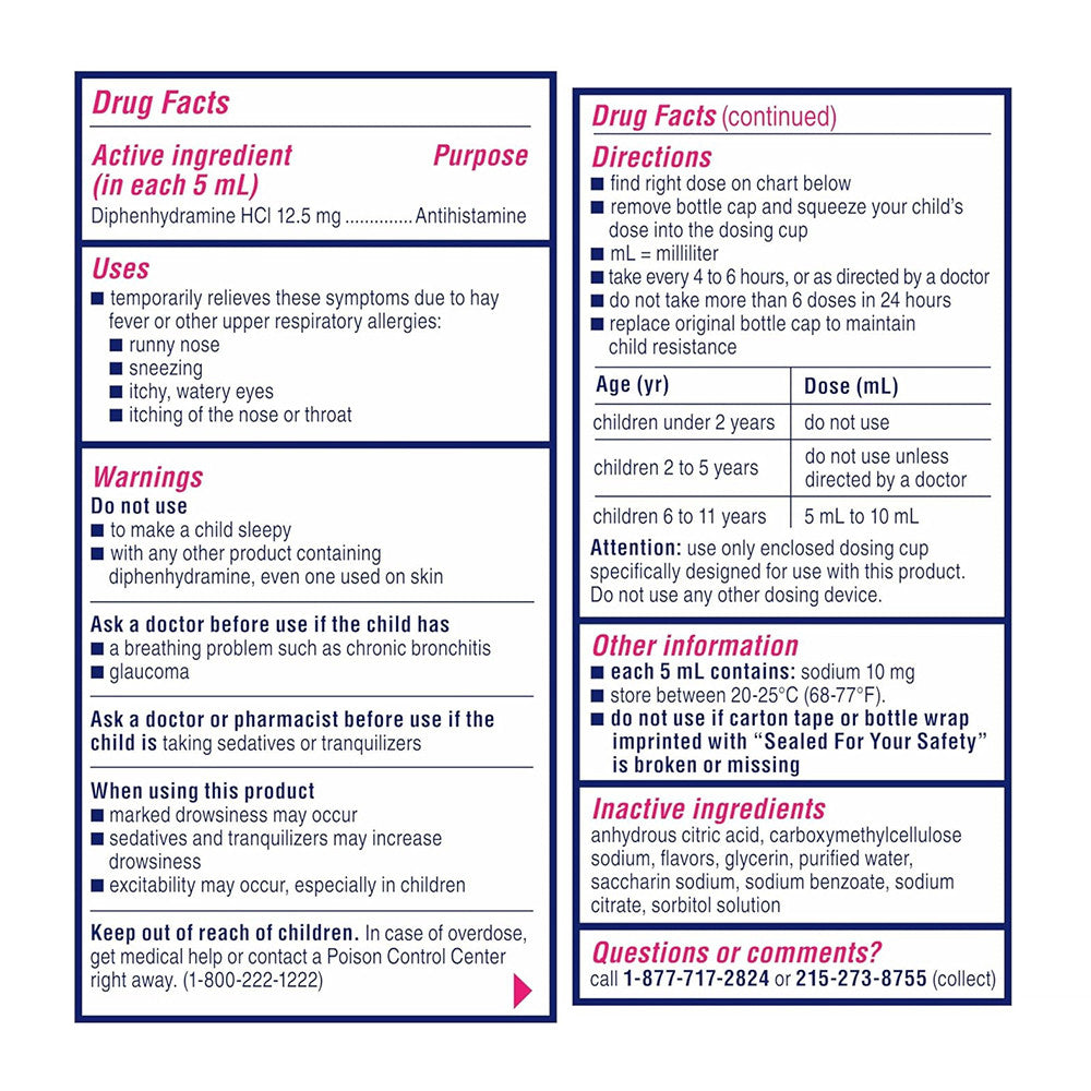 Benadryl Childrens Dye-Free Allergy Liquid, Bubble Gum, 8 Oz