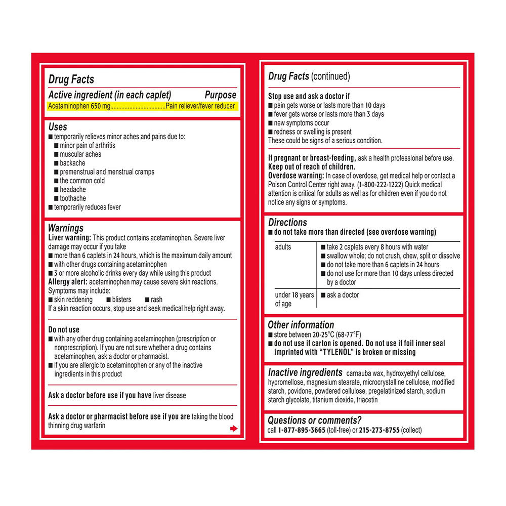 Tylenol 8 Hour Arthritis Acetaminophen 650mg Tablets, Pain Reliever and Reduce Fever, 225 Ea