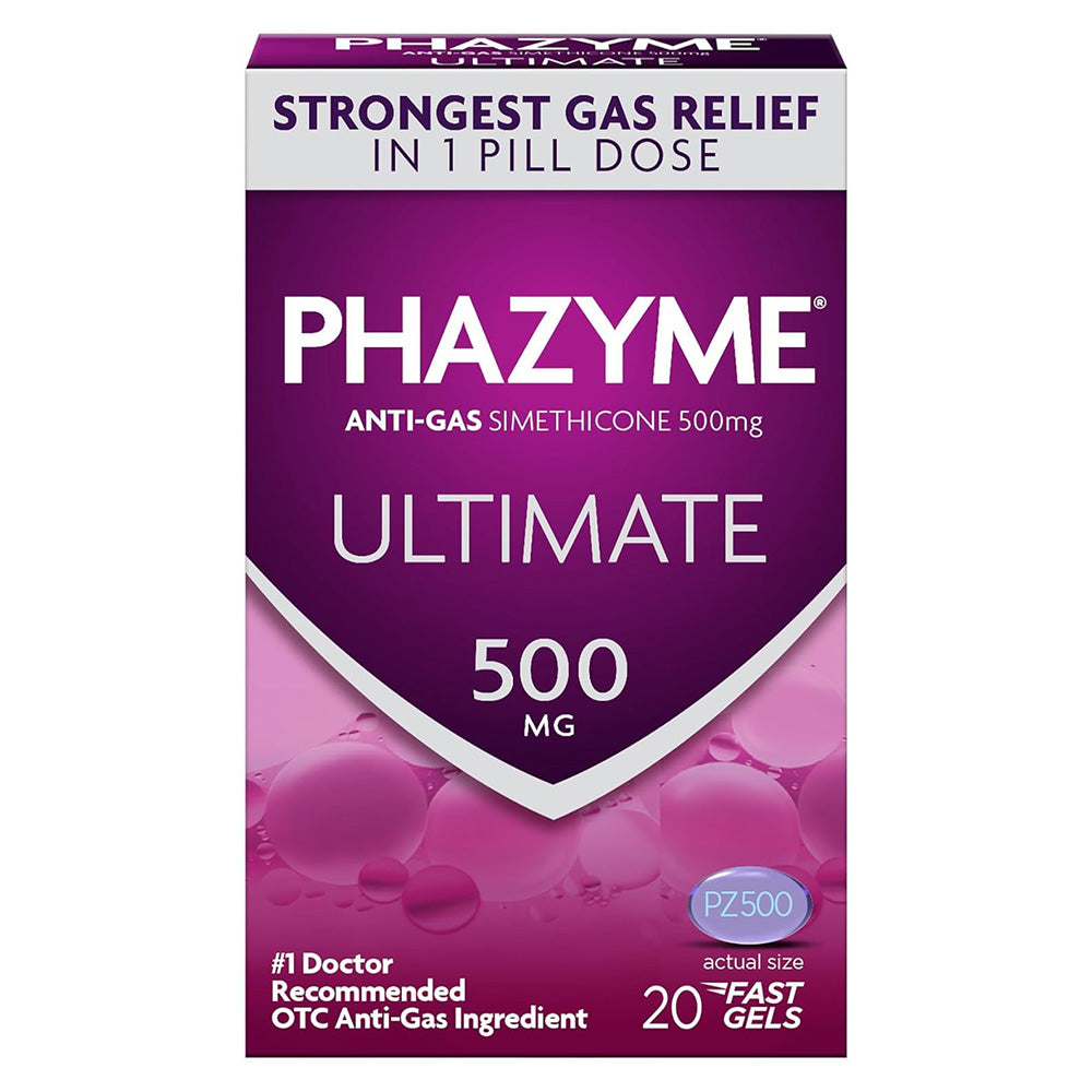 Phazyme Gas Relief Ultimate Gas and Bloating Relief Pill 500mg for Adults 20Ea