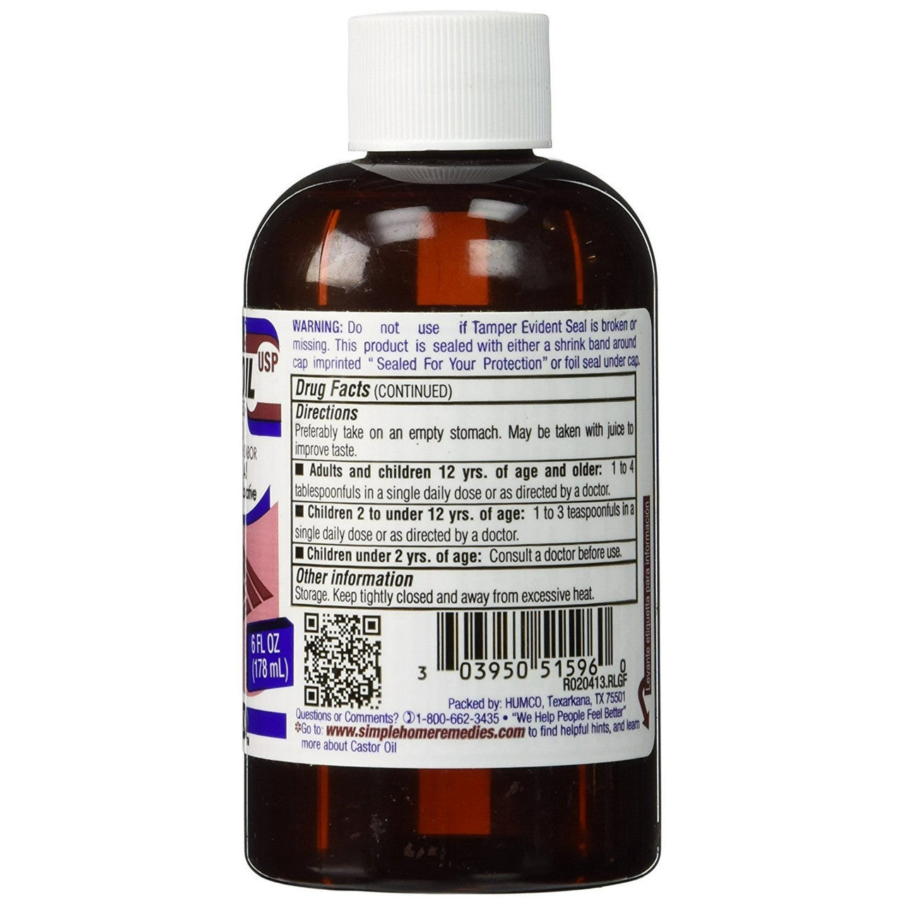 Humco Liquid Castor Oil, Natural Laxative, 1 Ea, 6 Oz
