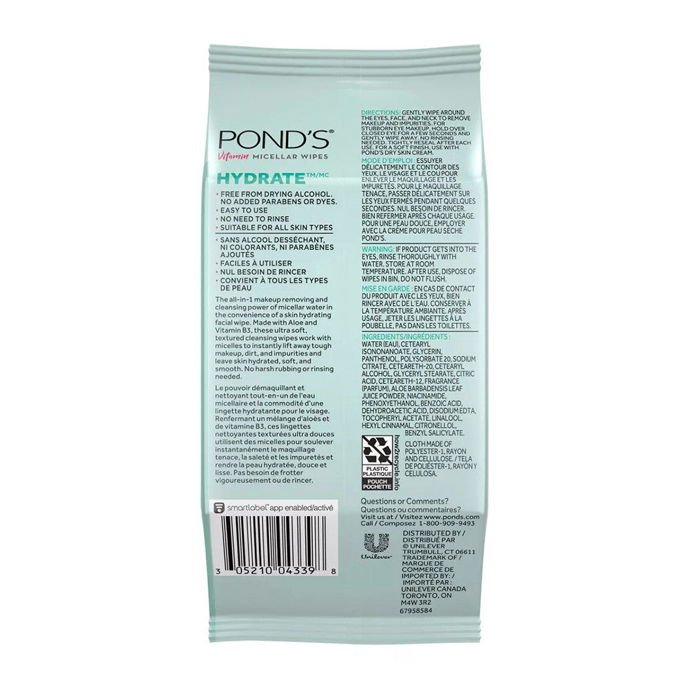 Ponds Vitamin Micellar Hydrate Facial Wipes, Vitamin B3 And Aloe Vera, 25 Ea