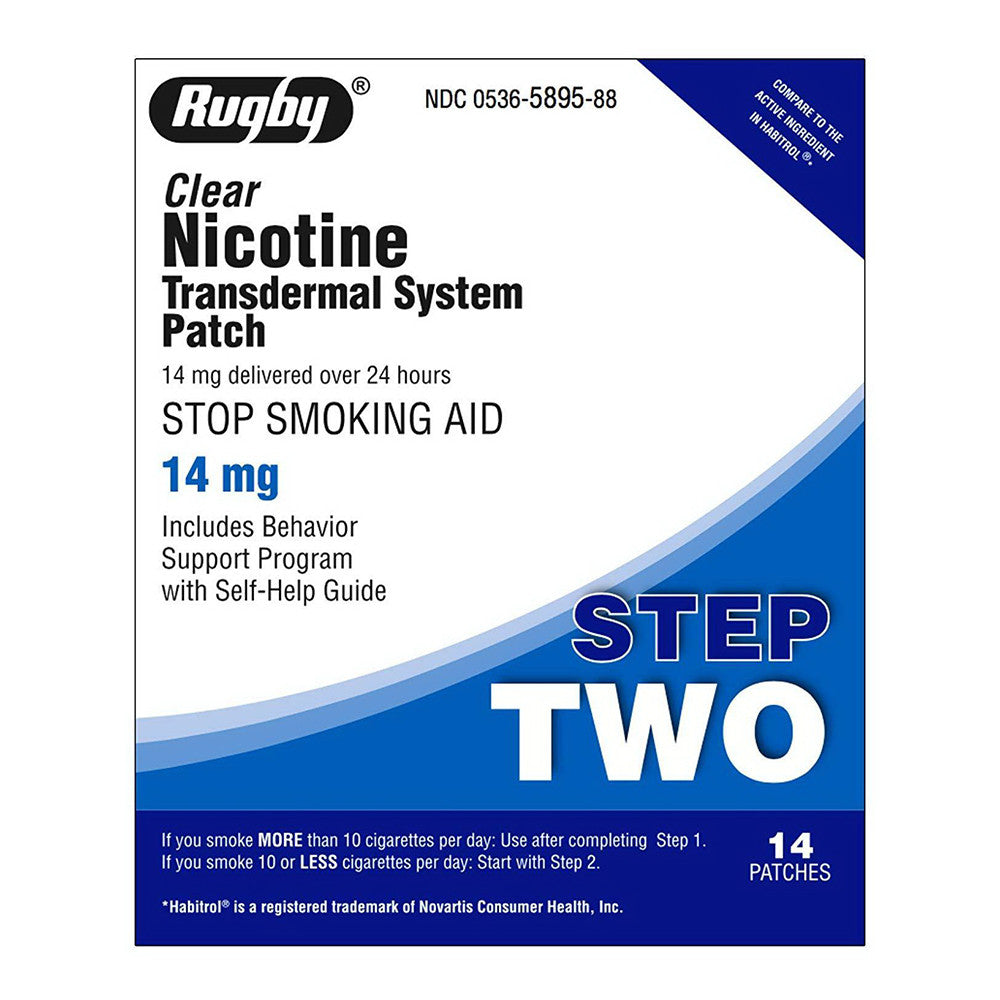 Rugby Step 2 Clear Nicotine Transdermal System 14 mg, Stop Smoking Aid Patches, 14 Ea