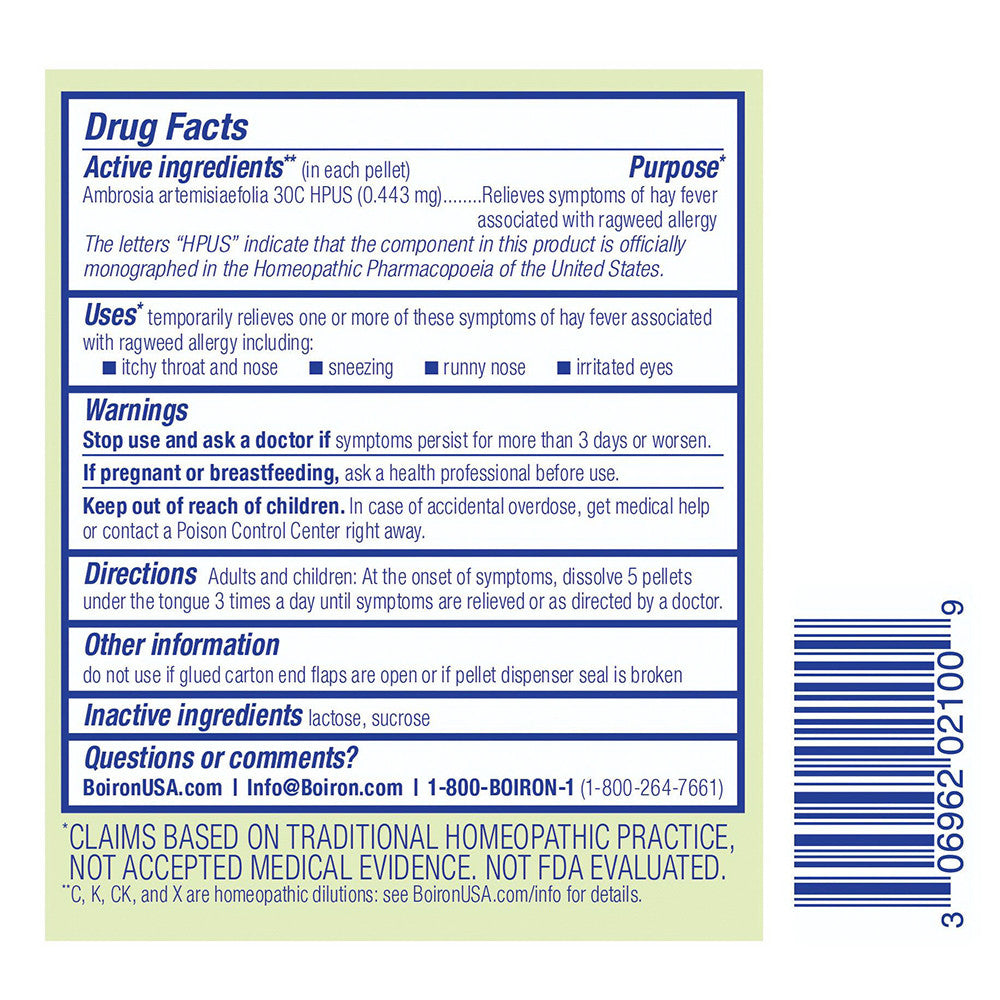 Boiron Ragweed Allergy Relief Ambrosia Meltaway Pellets Homeopathic Medicine, 80 Ea