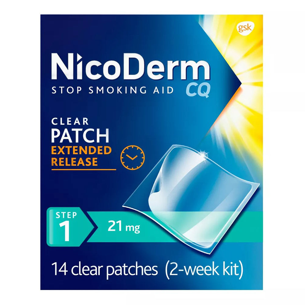 NicoDerm CQ Stop Smoking Aid Clear 21mg Patches Extended Release 14Ea