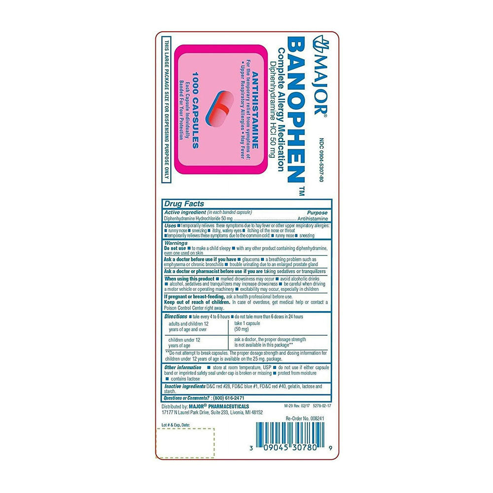 Major Banophen Diphenhydramine 50 Mg Capsules, 1000 Ea
