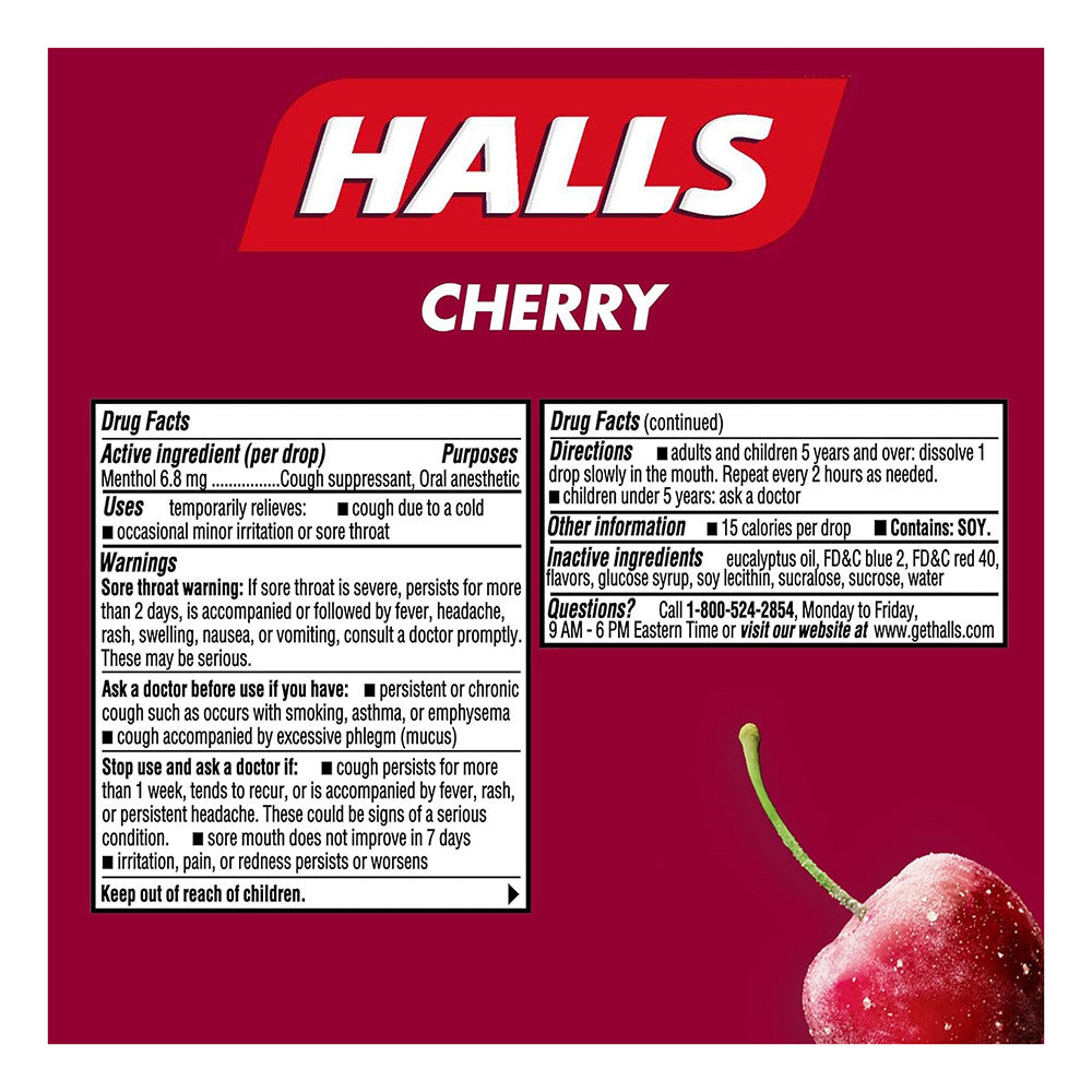 Halls Mentho Lyptus Cough and Sore Throat Drops, Cherry, 9 Roll, 20 Packs