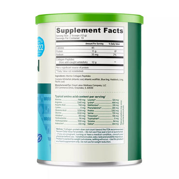 Great Lakes Wellness Daily Marine Collagen Peptides, Healthy Skin, Hair, Nail and Joints, Unflavored, 8 Oz