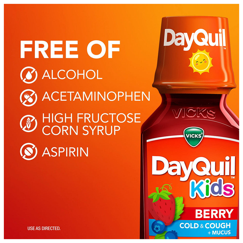 Vicks Dayquil Kids Liquid Cold and Cough Mucus Multi Symptom Relief, Berry Flavor, 8 Oz
